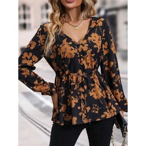 Pilelistore Kadın Uzun Kollu Derin V Yakalı Belden Bağcıklı çiçek Desenli Sandy Bluz