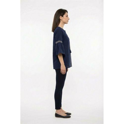 Kısa Kol Dicle Bağcıklı V Yaka Şile Bezi Yazlık Bluz Lacivert Lcvt