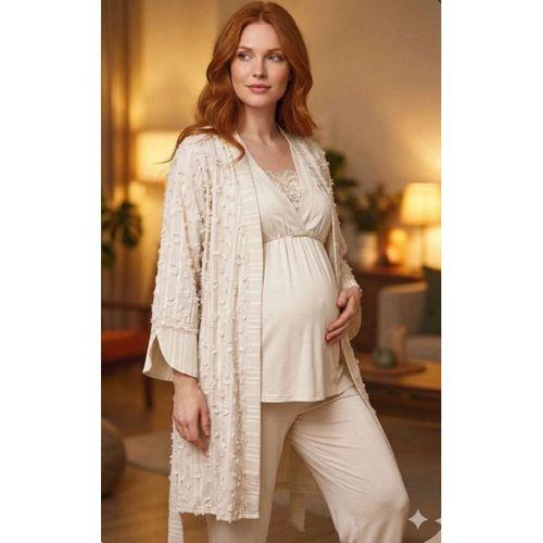 Bone 6209 Kadın 3'lü Dokuma Sabahlıklı Lohusa Pijama Takımı
