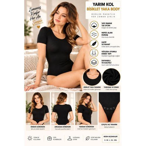 Kadın Yarım Kol Bisiklet Yaka Çıtçıtlı Body Siyah, Esnek Kumaş, Vücuda Oturan Basic Body - ryl - 2721