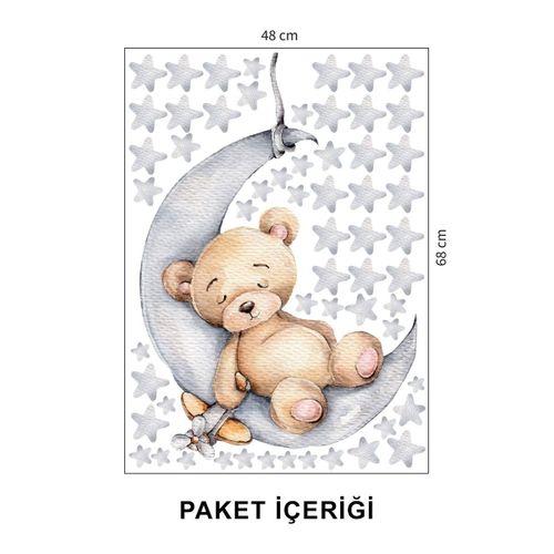 Ayda Uyuyan Sevimli Ayıcık ve Yıldızlar Çocuk Odası Duvar Sticker 50 x 70 cm