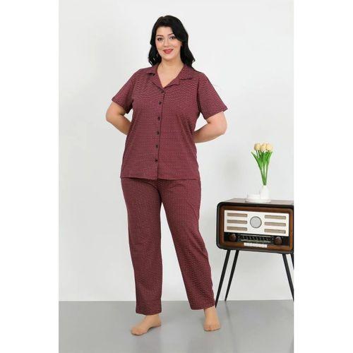 Kadın Büyük Beden Pamuklu Cepli Düğmeli Mor Pijama Takım