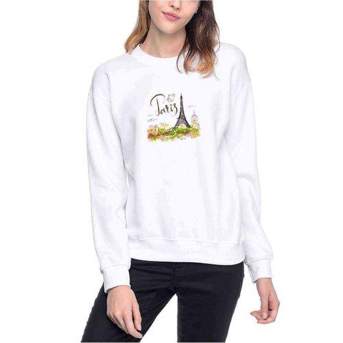 Watercolor Eiffel Tower Paris Baskılı Beyaz Kadın Sweatshirt