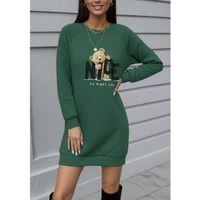 Kadın Uzun Kollu Bisiklet Yaka Ayı Desenli Viskon Iki Iplik Elbise