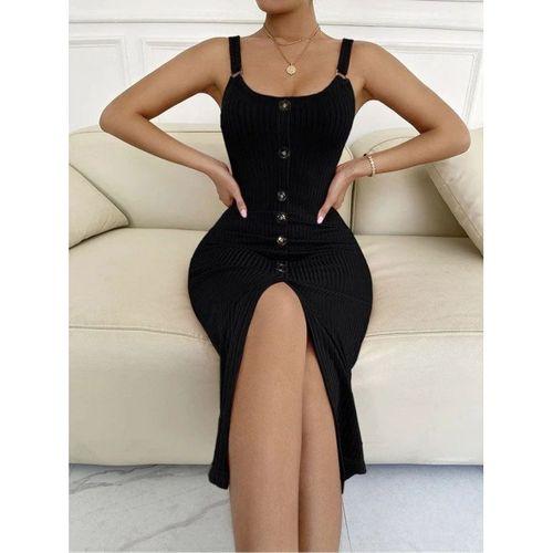 Kadın Kolsuz Askı Halka Detay önü Düğmeli Midi Boy Yırtmaçlı Fitilli Kaşkorse Elbise