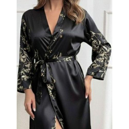 Kadın Uzun Kollu V Yakalı çiçek Baskılı Belden Kuşaklı Midi Saten Gecelik