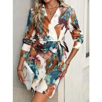 Kadın Uzun Kollu Yakalı Yandan Bağlamalı Mini Desenli Modal Elbise