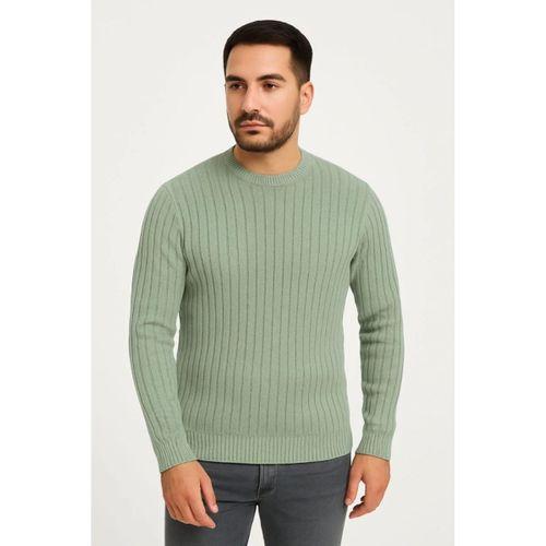 Erkek Bisiklet Yuvarlak Yaka Triko Kazak Pamuklu Kalın Fitilli Dokuma, Regular Fit Uzun Kollu Kışlık Model - Mint Yeşili