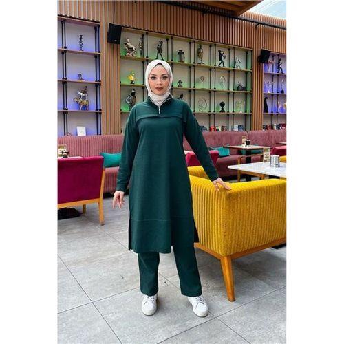 Dik Yaka Kısa Fermuarlı Yırtmaçlı Sade Basic Uzun Tunik ve Pantolon İkili Spor Takım - 03062.021 - Nefti