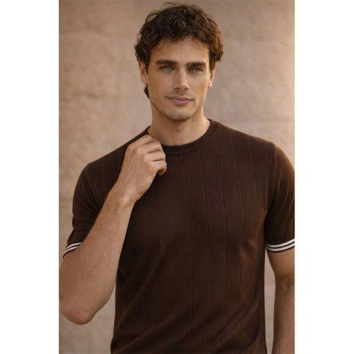 Dale Kolları Şeritli Bisiklet Yaka İnce Triko Örme Regular Fit Erkek T-Shirt - Kahve
