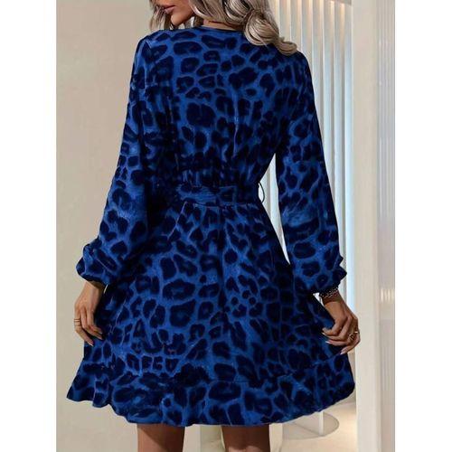 Kadın Uzun Kollu Kruvaze Yaka Belden Kuşaklı çapraz Kesim Detaylı Leopar Modal Mini Elbise