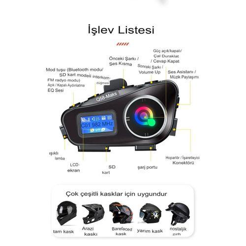 Q58-max Radyolu 2 Kişi Bağlantılı Bluetooth Kask Kulaklık Ekranlı Fenerli Müzik Ve Telsiz Intercom