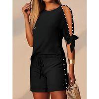 Kadın Kısa Kollu Bisiklet Yaka Yarı Açık Omuz Inci Detaylı Short T-shirt Viskon Ikili Takım