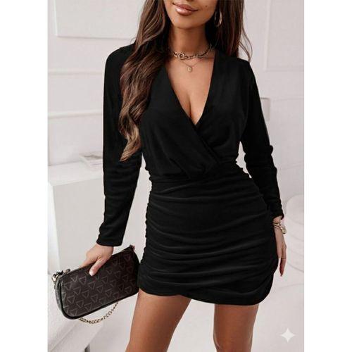 Kadın Uzun Kollu Kruvaze Yaka Yandan Büzgülü Mini Ithal Krep Elbise