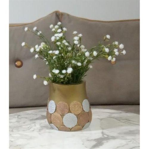 2 Adet Vazo Dahil,Vazoda Çiçek,Beyaz Yapay Çiçek,Vazo Dekoratif Altın Puanlı Poliresin 9X9X15Cm