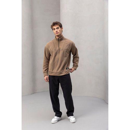 Crowe Şerit Detaylı Yarım Fermuar Polar Sweatshirt Bej - Bezayağı Kumaş Pantolon Siyah