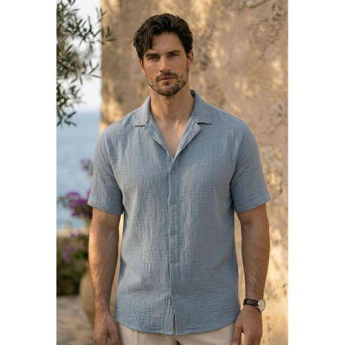 Yarım Oversize Apaş Yaka Kısa Kol Müslin Kumaş Erkek Gömlek - Soğuk Mavi
