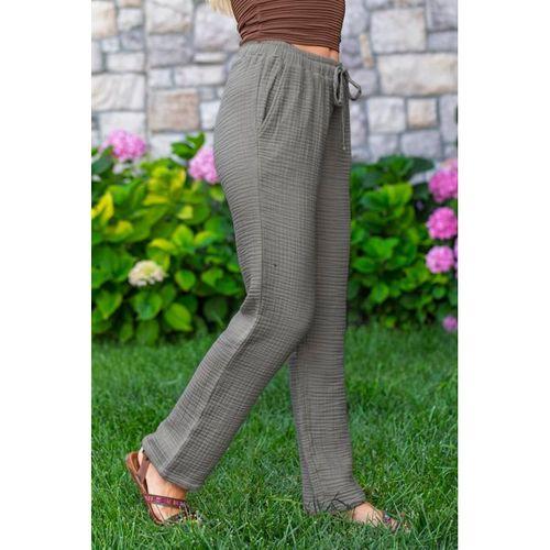 Beli Lastikli Multi Çift Cepli Müslin Kadın/Erkek Unisex Yazlık Pantolon Gri Gri