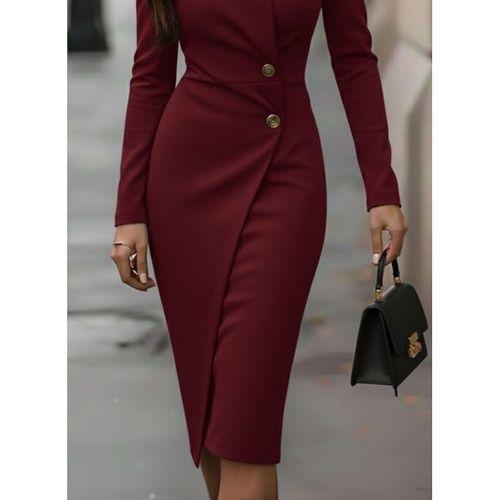 Kadın Uzun Kollu Yandan Düğmeli Kruvaze Yaka Detaylı Midi Ithal Krep Elbise