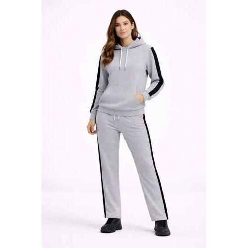 KADIN Yandan Şeritli Eşofman Takım Kapüşonlu Sweatshirt Boru Paça Alt, Oversize 3 Iplik Pamuklu - Gri
