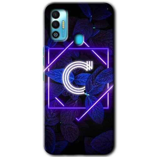 Tecno Spark 7T Kılıf HD Desen Baskılı Arka Kapak+Temperli Cam - Dark Neon Yaprak C Harfi