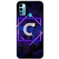 Tecno Spark 7T Kılıf HD Desen Baskılı Arka Kapak+Temperli Cam - Dark Neon Yaprak C Harfi
