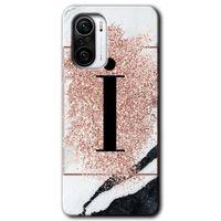 MRCİLETİSİM Poco F3 Kılıf HD Desen Baskılı Arka Kapak + Temperli Cam - Pembe Mermer Desenli İ Harfi