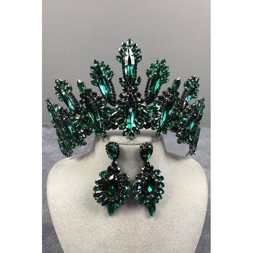 Dalia Yüksek Taşlı Gelin Tacı Mekik Küpe Seti