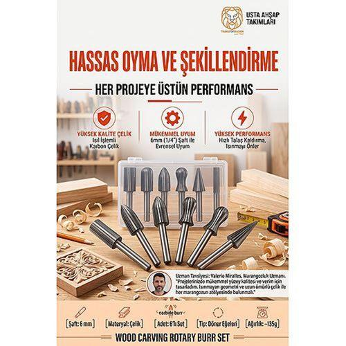 6'lı Ahşap Oyma Freze Ucu Seti 6mm Şaftlı Kalıpçı Taşlama Matkap Uyumlu Karbon Çelik Döner Kesme Çapak Eğe Gravür Hobi Takımı 723527