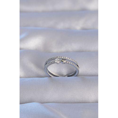 Pirinç Gümüş Renk Zirkon Taşlı Kalpli Su Yolu Model Ayarlanabilir Yüzük