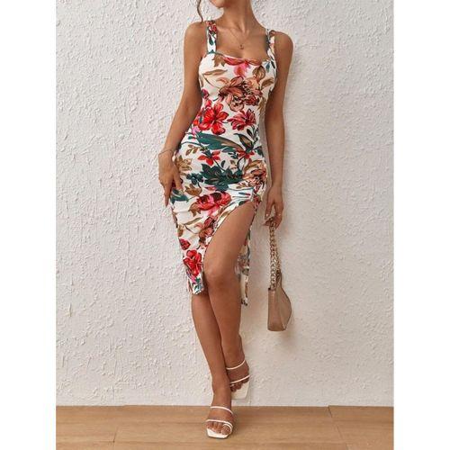 Kadın Askılı Kare Yakalı Yırtmaçlı çiçek Desenli Dalgıç Elbise