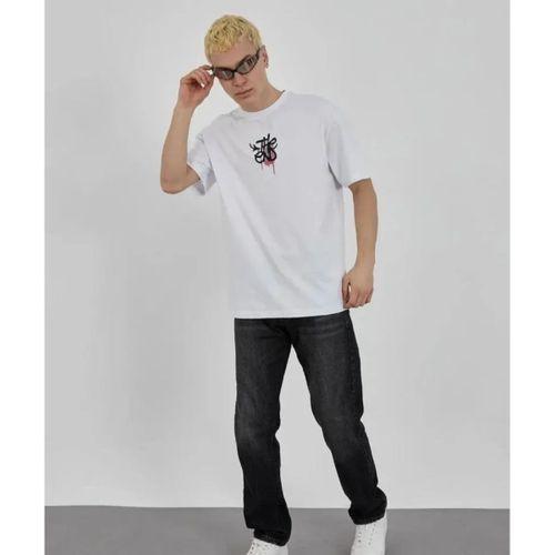 Unisex Bisiklet Yaka Baskılı Oversize T-Shirt - Beyaz