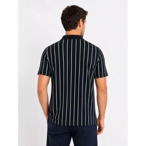 Erkek Pike Kumaş Çizgili Polo Yaka Tişört Kısa Kol Yazlık T-Shirt - Siyah