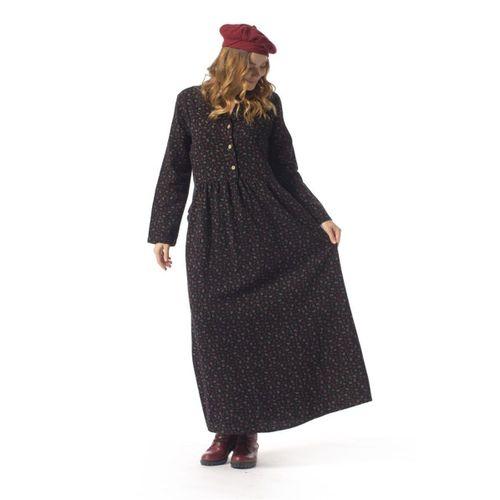 Nazlı Pazen Şal Desen Düğmeli V Yaka Uzun Kol Kışlık Uzun Elbise Siyah Syh