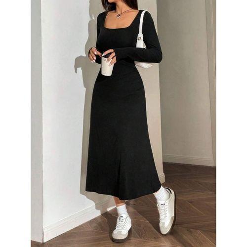 Kadın Uzun Kollu Kare Yaka Midi Kaşkorse Elbise