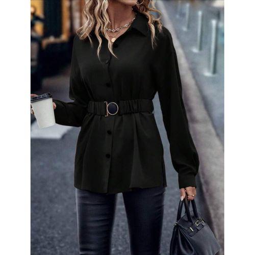 Kadın Uzun Kollu Yakalı önden Düğmeli Belden Kemerli Ithal Krep Bluz