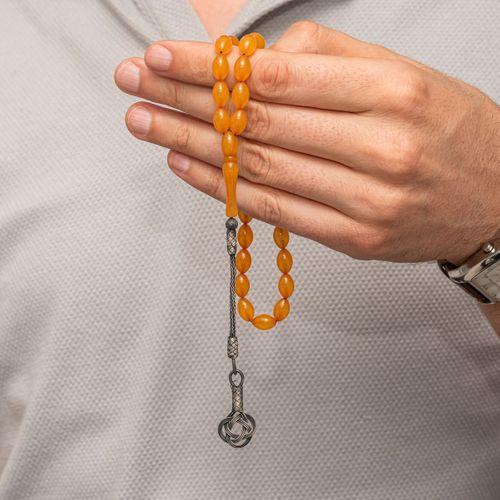 Gümüş Turuncu Kazaz Püsküllü Sıkma Kehribar Tesbih