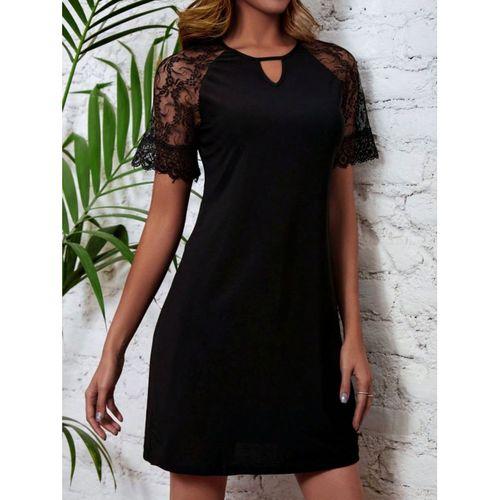 Kadın Dantelli Kısa Kollu Damla Yaka Krep Elbise