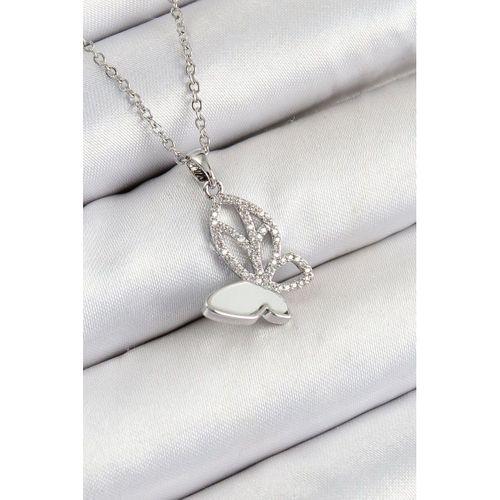 316L Çelik Zirkon Taşlı Kelebek Model Gümüş Renk Kadın Kolye