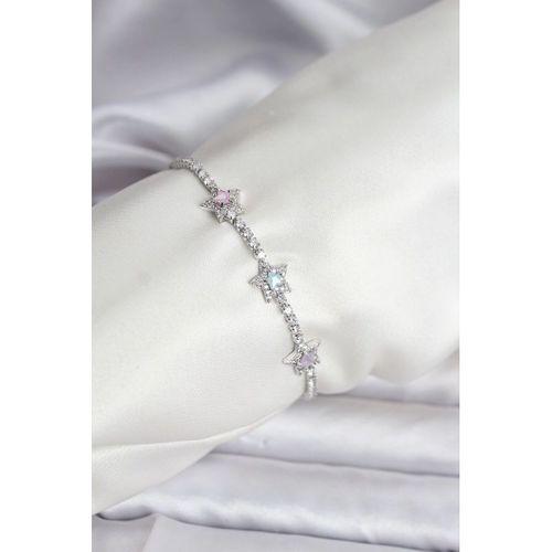 Renkli Yıldız Model Zirkon Taşlı Gümüş Renk Pirinç Su Yolu Kadın Bileklik