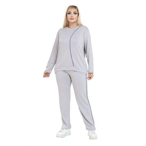 Melsay Butik Büyük Beden Açık Gri Lacivert Çizgi Detay Modal Kadın Eşofman Takımı