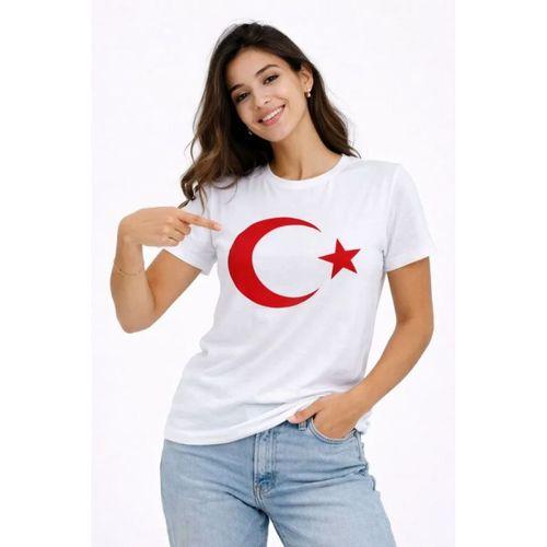 T-Shirt Kısa Kol Bisiklet Yaka Ay Yıldız Bayrak Baskılı Tişört - Beyaz