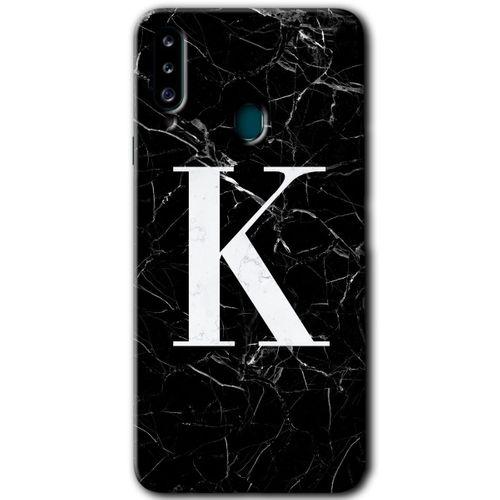 Samsung Galaxy A20s Kılıf Baskılı Kapak - Siyah Mermer Desenli K Harfi + 5D Tam Kaplayan Cam