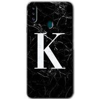 Samsung Galaxy A20s Kılıf Baskılı Kapak - Siyah Mermer Desenli K Harfi + 5D Tam Kaplayan Cam