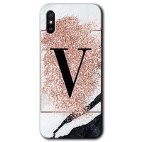 MRCİLETİSİM Xiaomi Redmi 9A Kılıf HD Desen Baskılı Arka Kapak+Temperli Cam - Pembe Mermer Desenli V Harfi