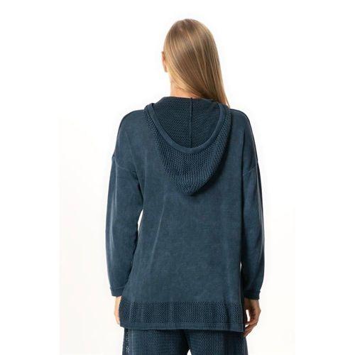 Uzun Kol Kapüşonlu Fileli Sonbahar ve Kışlık Triko Bluz İndigo indg