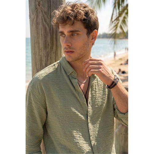 Pera Kumaş Keten Görünümlü Yarım Oversize Uzun kollu Erkek Gömlek - Açık Haki