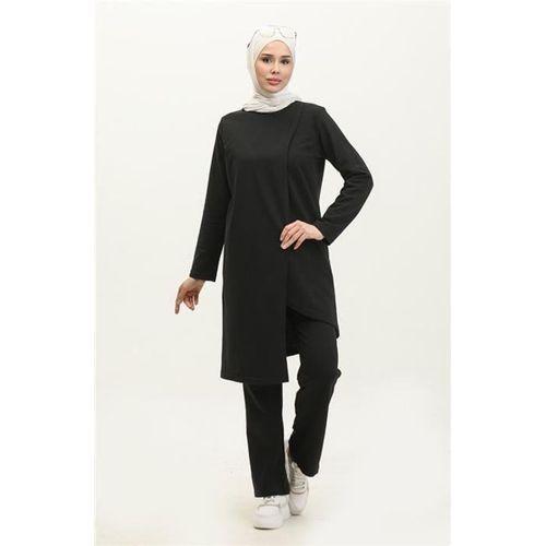 Kruvaze Bisiklet Yaka Sade Basic Tunik Panolon İkili Takım - 03076.003 - Siyah