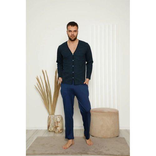Erkek %100 Pamuk Önden Düğmeli Cepli Uzun Kollu Pijama Takımı Lacivert