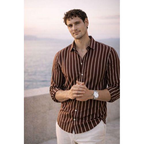Scorsese Çizgili Relaxed Fit Erkek Gömlek - Kahve